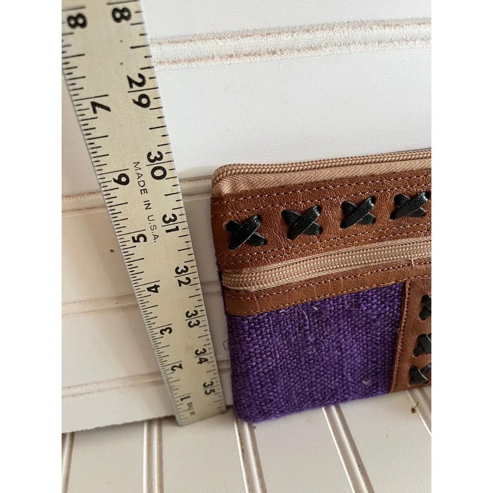 Purple Jute and Brown Faux Leather Wristlet Clutch Boho Cross Stitch Pouch Bag